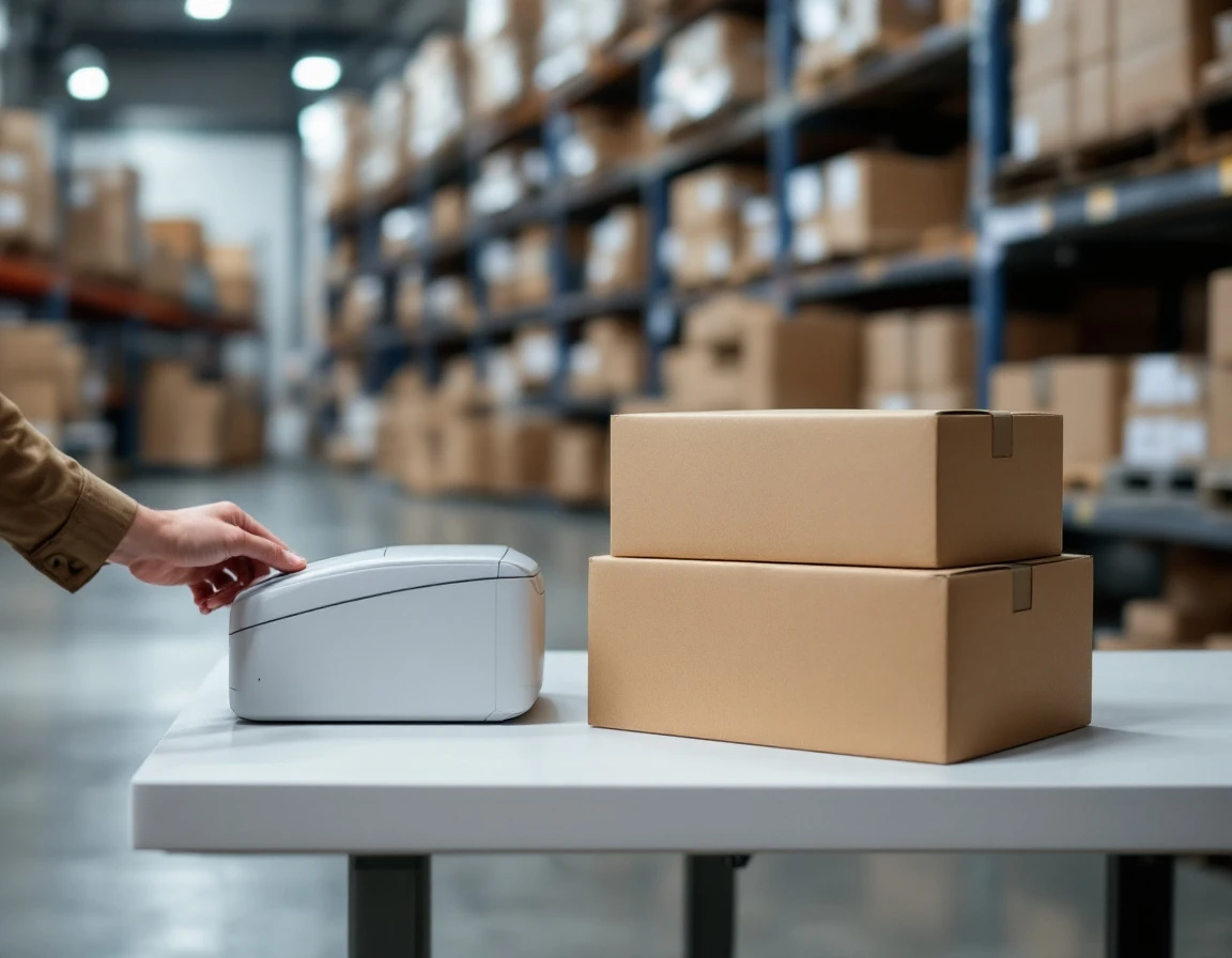 Thermal label printer and shipping boxes on warehouse fulfillment desk with inventory shelving in background