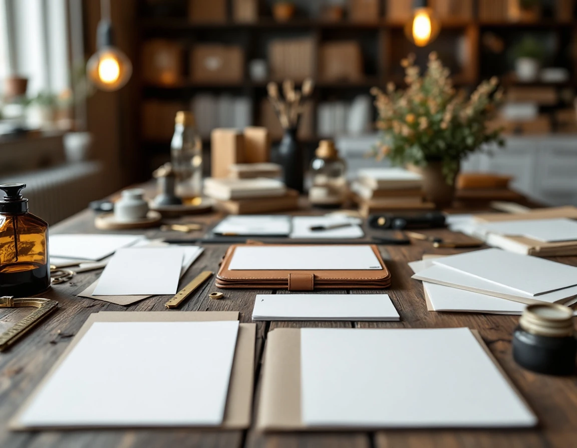 Designer's workspace with blank cardstock samples, leather portfolio, and professional design tools on wooden desk