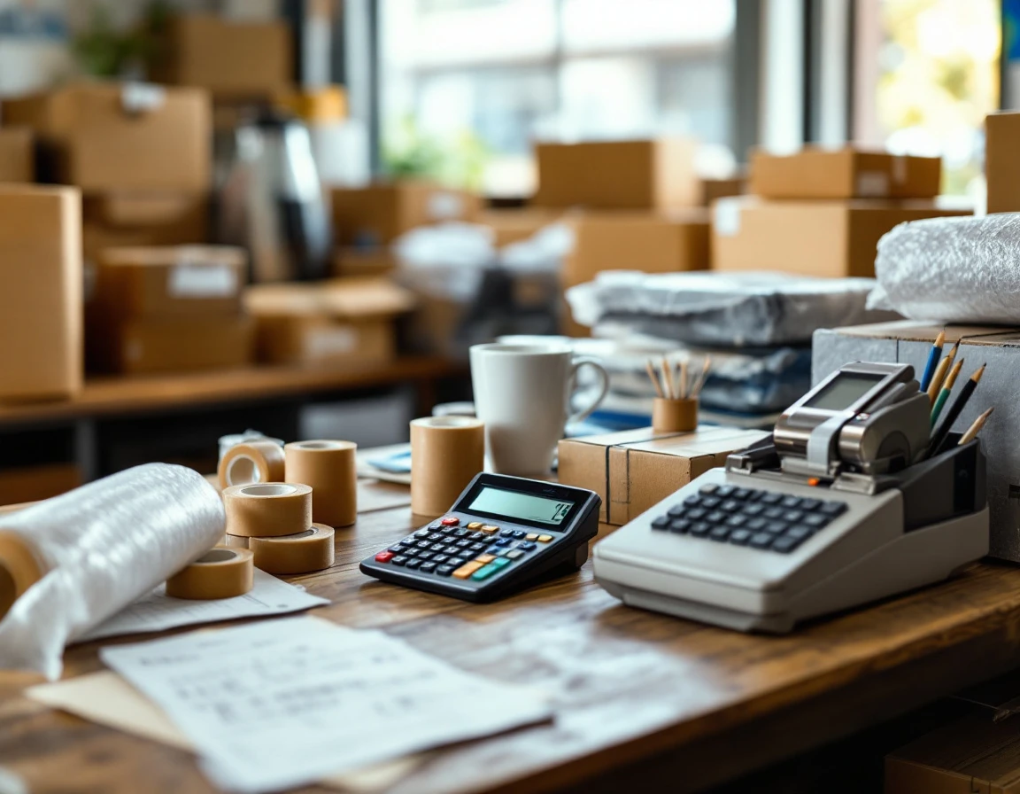 Small business workspace with shipping supplies, calculator, and cost-tracking materials on wooden counter