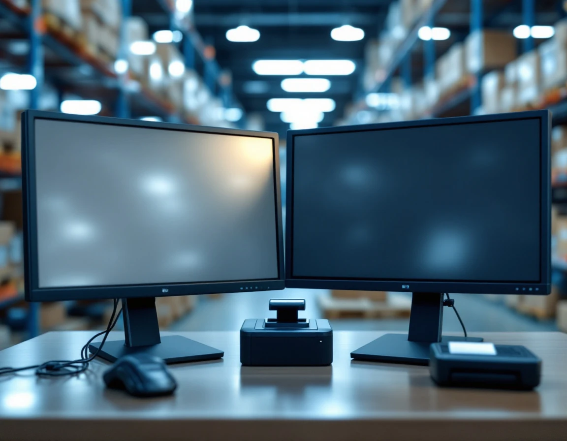 Integrated POS workstation with dual monitors and scanning equipment in retail warehouse setting