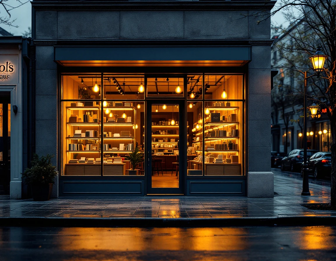 Modern retail storefront with warm interior lighting and contemporary architecture at dusk