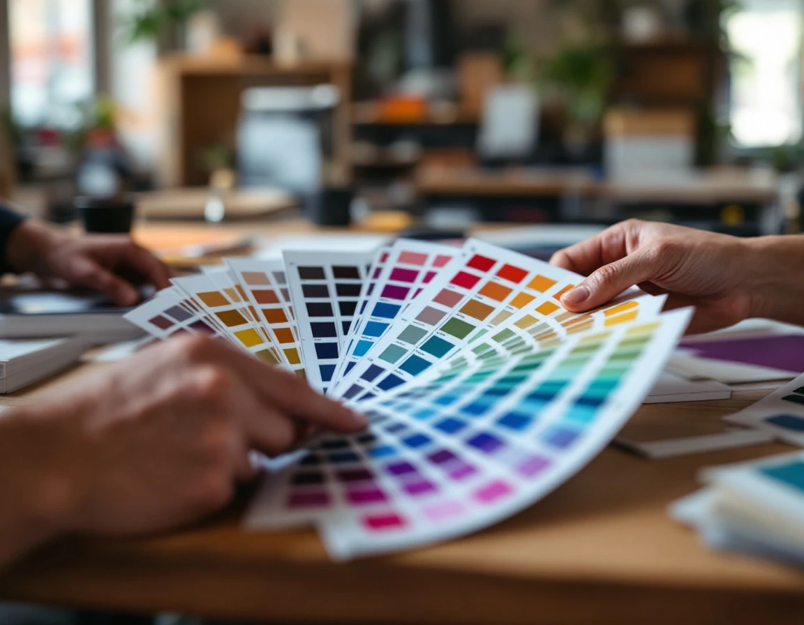 Designer hands arranging professional color swatch cards on consultation desk in print shop workspace