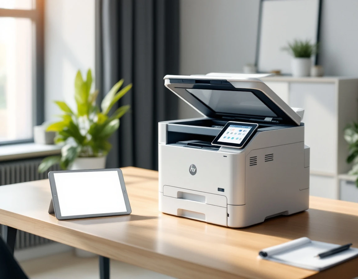 Modern document scanner and tablet on wooden desk with natural window lighting in professional office