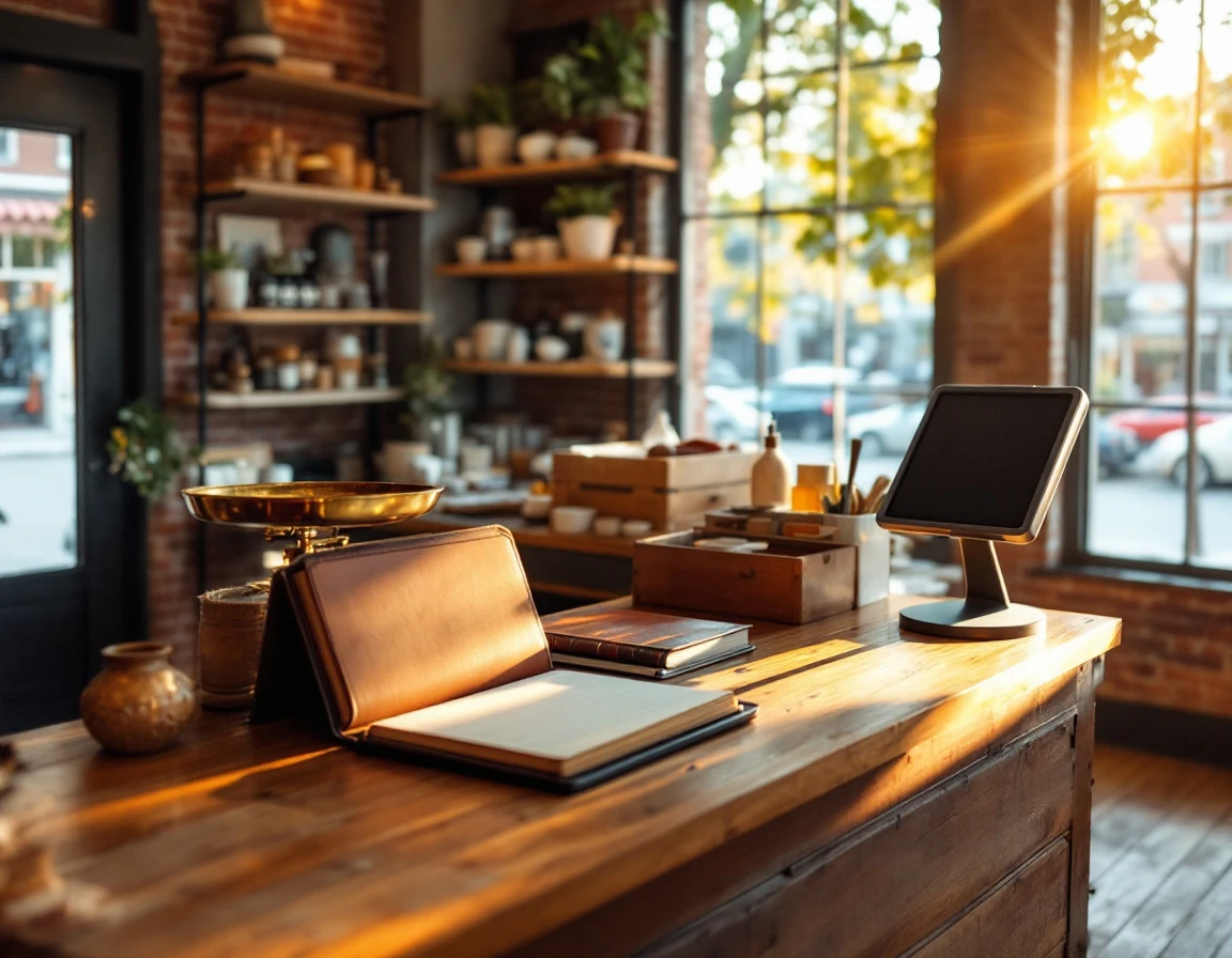 Independent retail store counter with natural window lighting and modern point-of-sale system