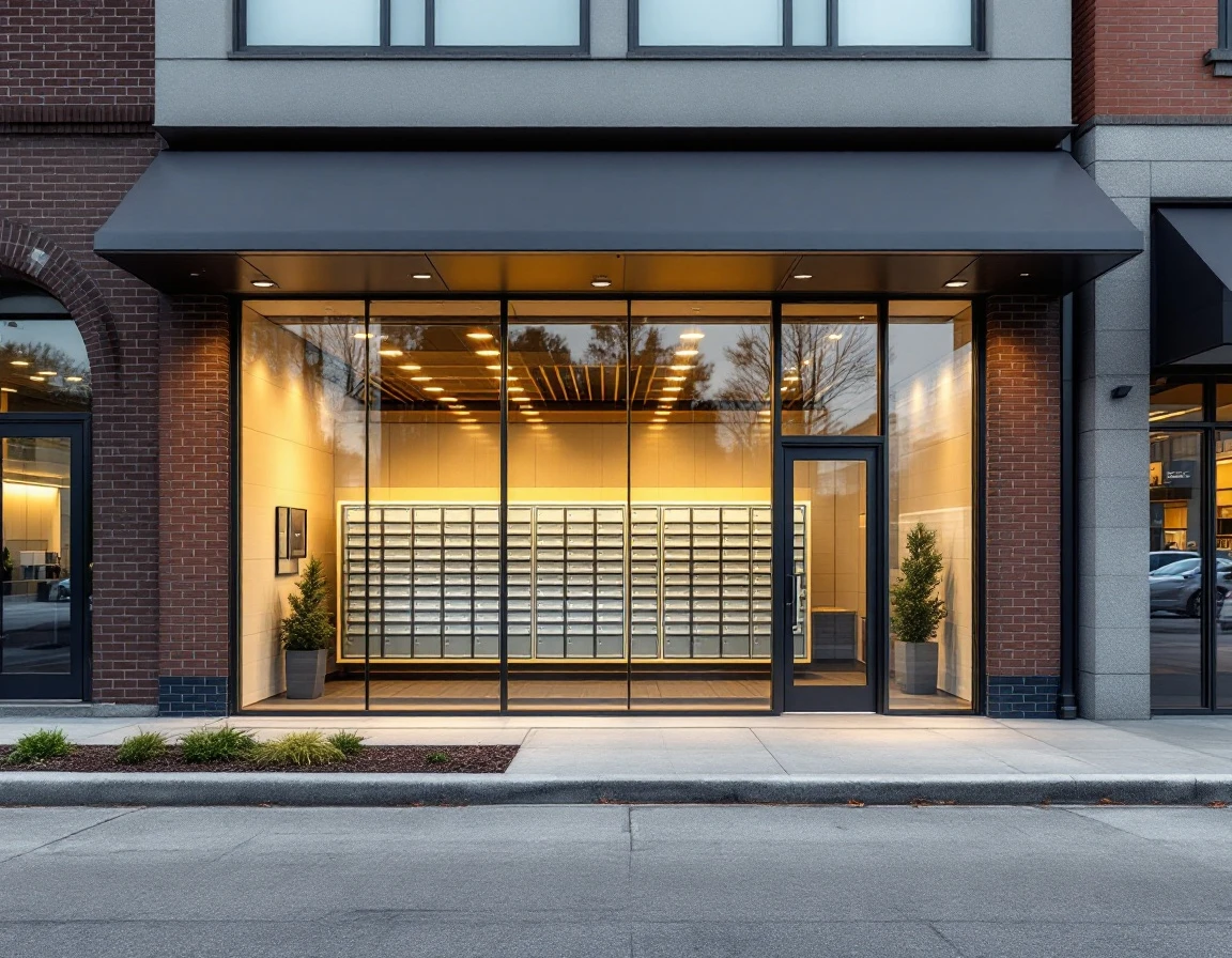 Modern commercial mail receiving agency storefront with glass entrance and visible mailbox units