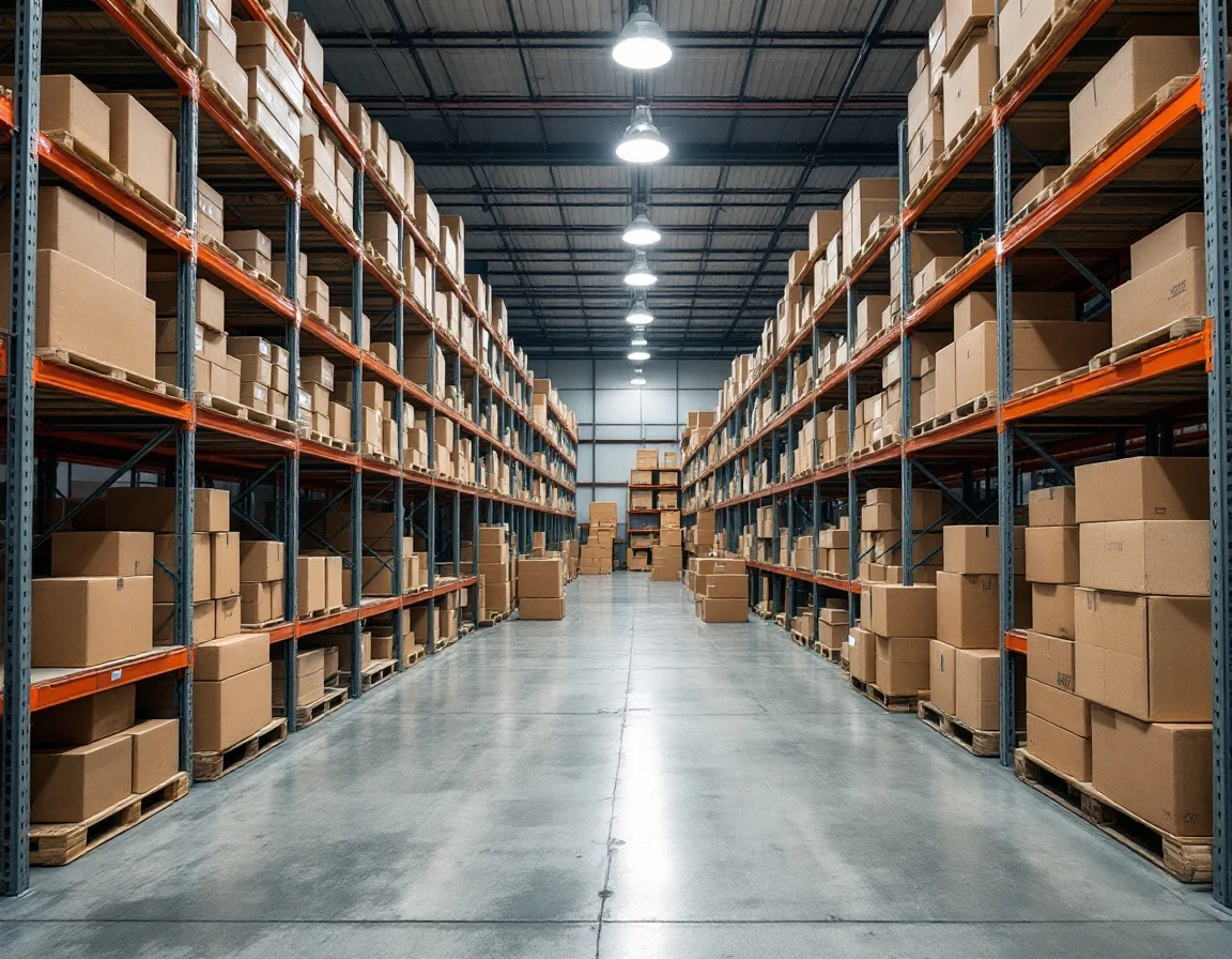 Organized warehouse shelving with stacked cardboard boxes under industrial lighting showing inventory management system