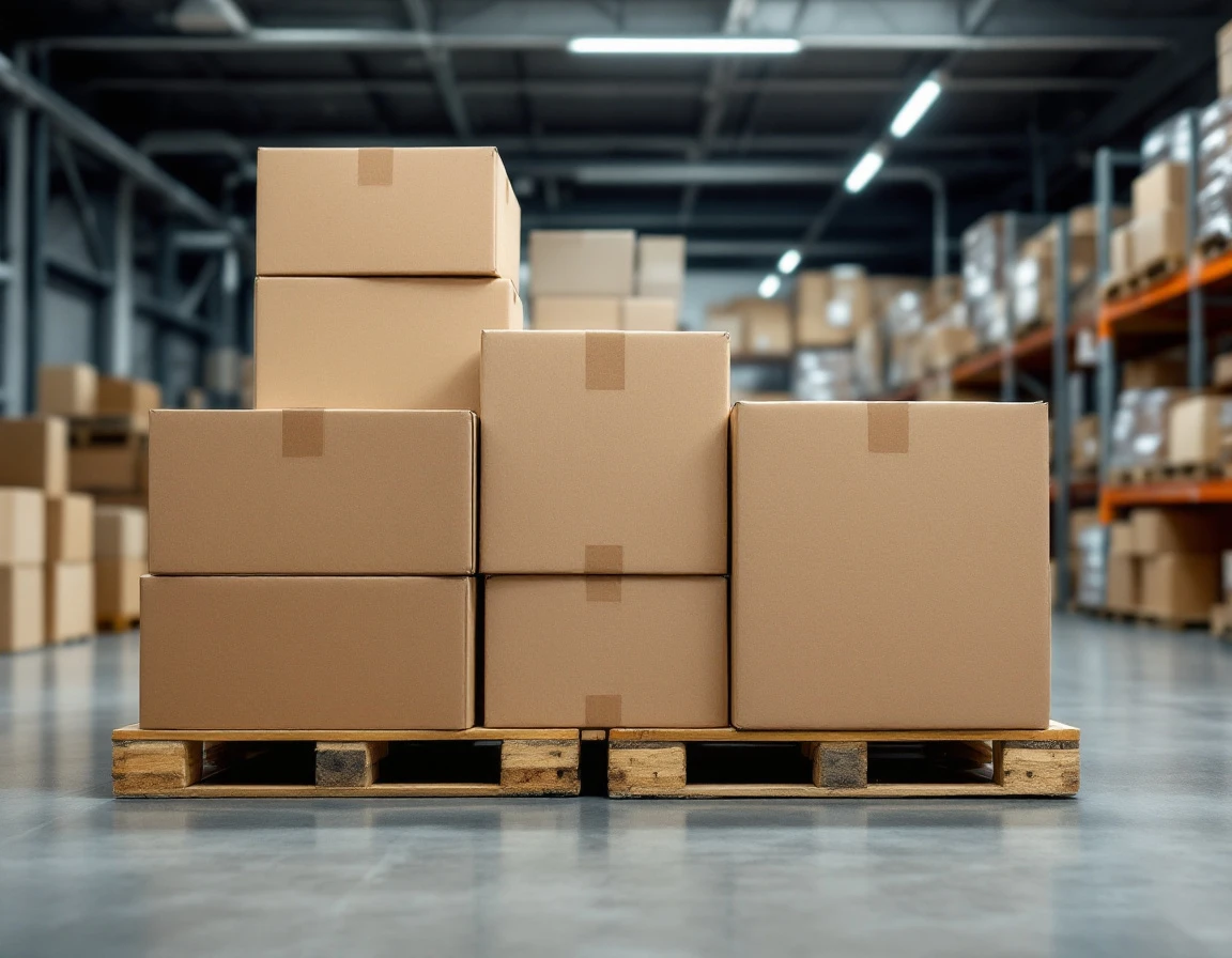 Stacked cardboard shipping boxes on wooden pallet in warehouse setting showing international logistics preparation