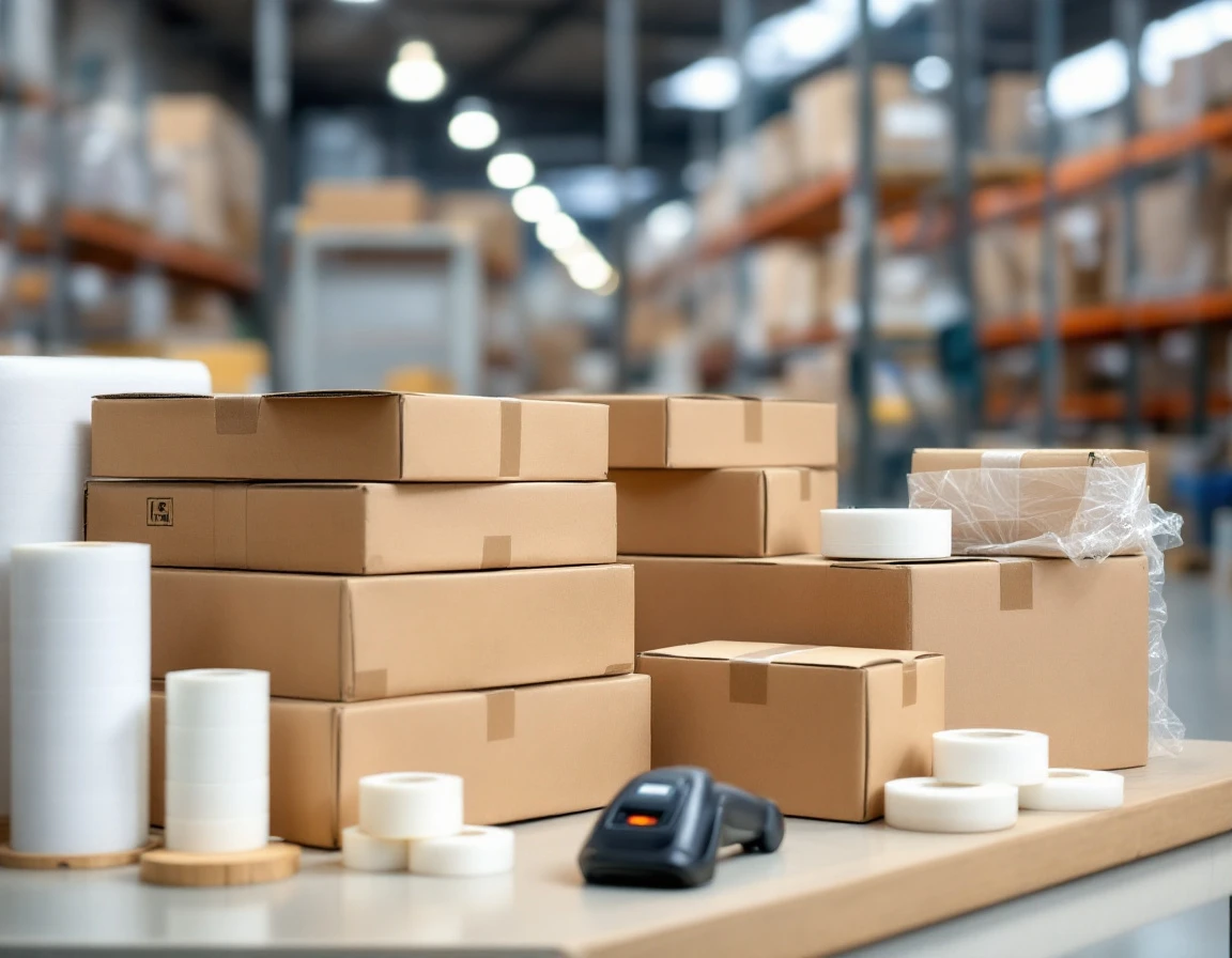 Warehouse packing station with boxes, shipping materials, and barcode scanner on work table