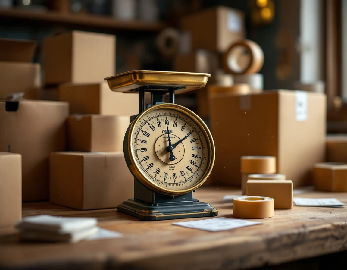 Analog postal scale surrounded by shipping boxes and packing materials on a small business workspace counter