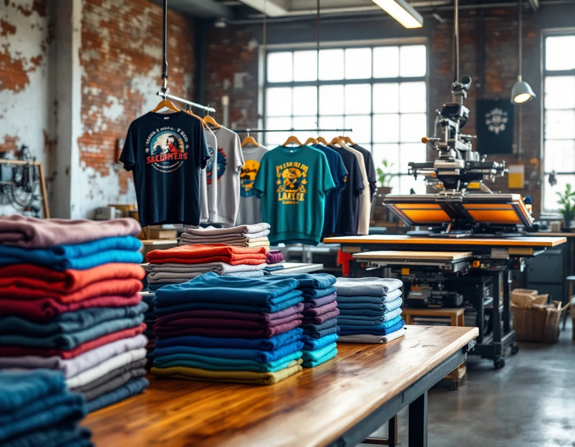 Folded custom-printed t-shirts and hanging apparel with screen printing equipment in production workshop