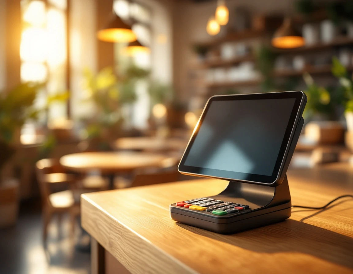 Payment terminal with blurred controls on retail counter in natural lighting