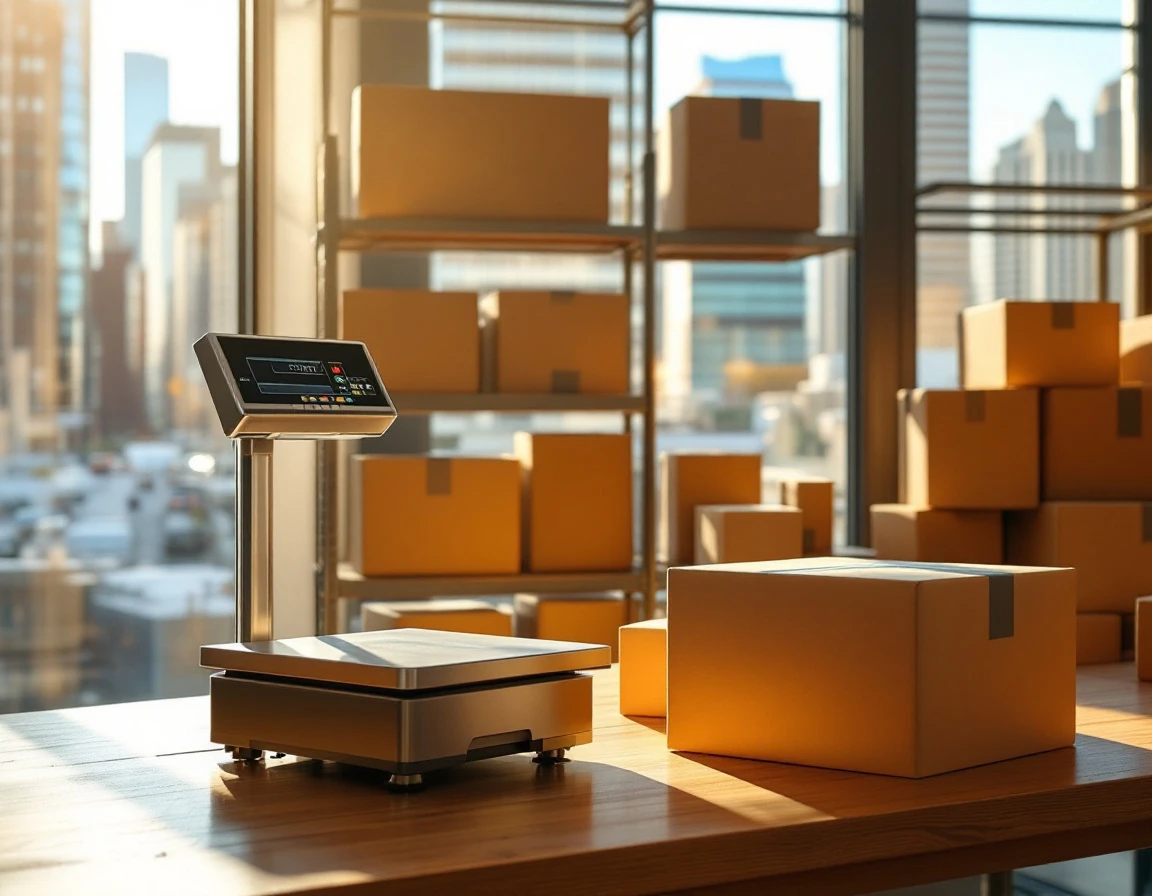 Postal scale and shipping supplies on counter with urban skyline visible through warehouse windows