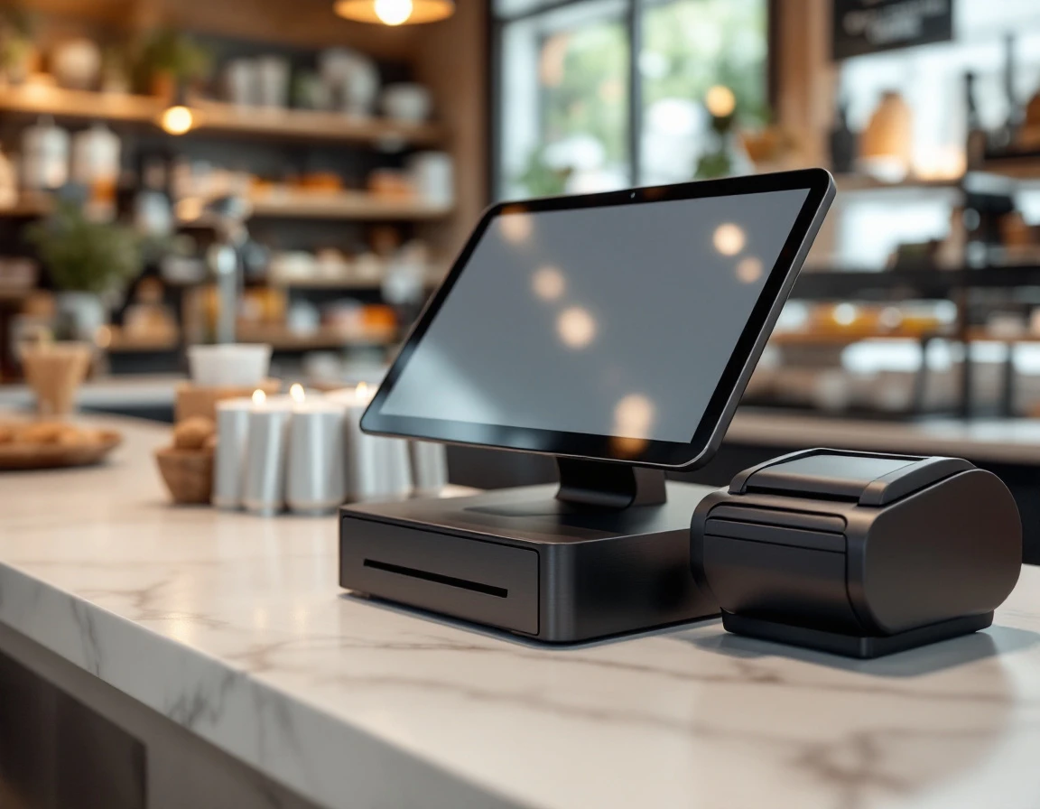 Modern POS terminal with tablet display and receipt printer on retail counter