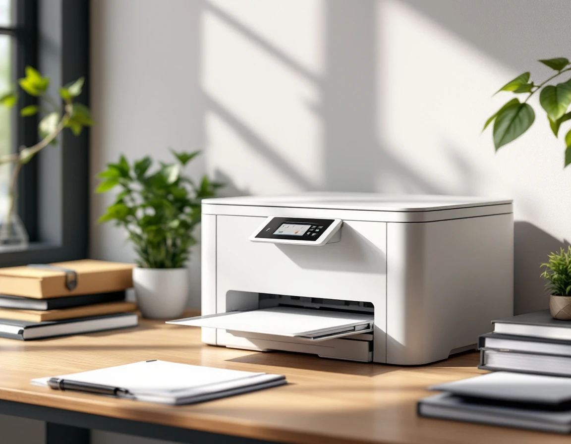 Modern office printer on oak desk with organized filing supplies in natural window light