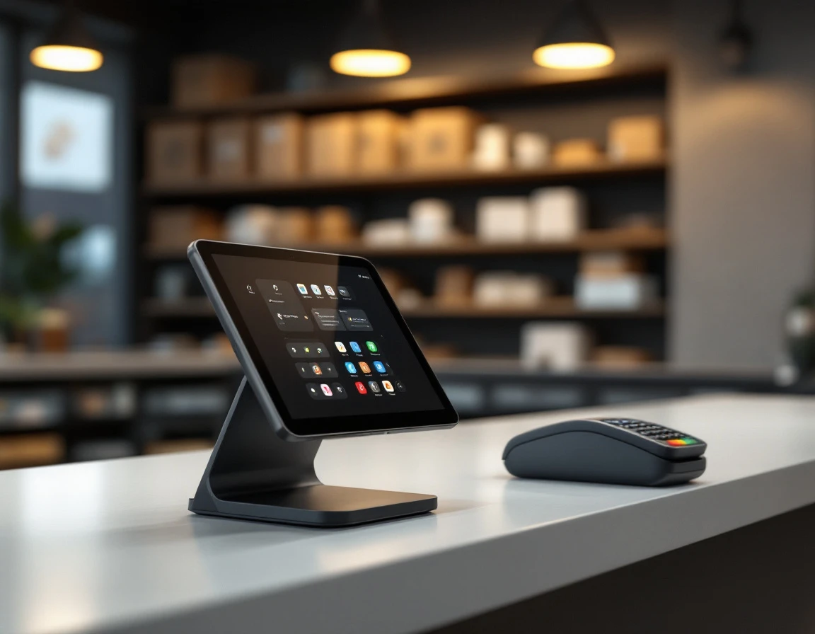 Modern tablet-based POS system with payment terminal on retail counter in small business setting