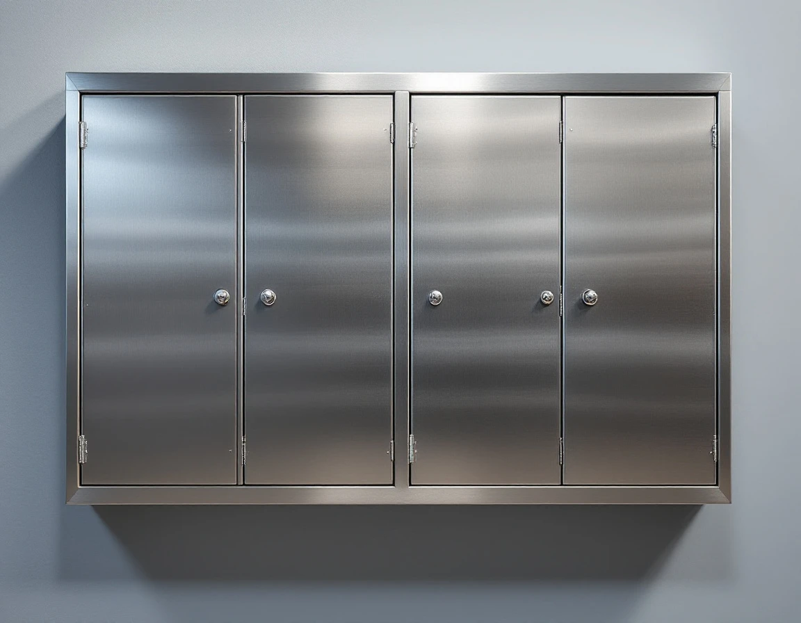 Brushed stainless steel commercial mailbox units with lock mechanisms in professional business facility