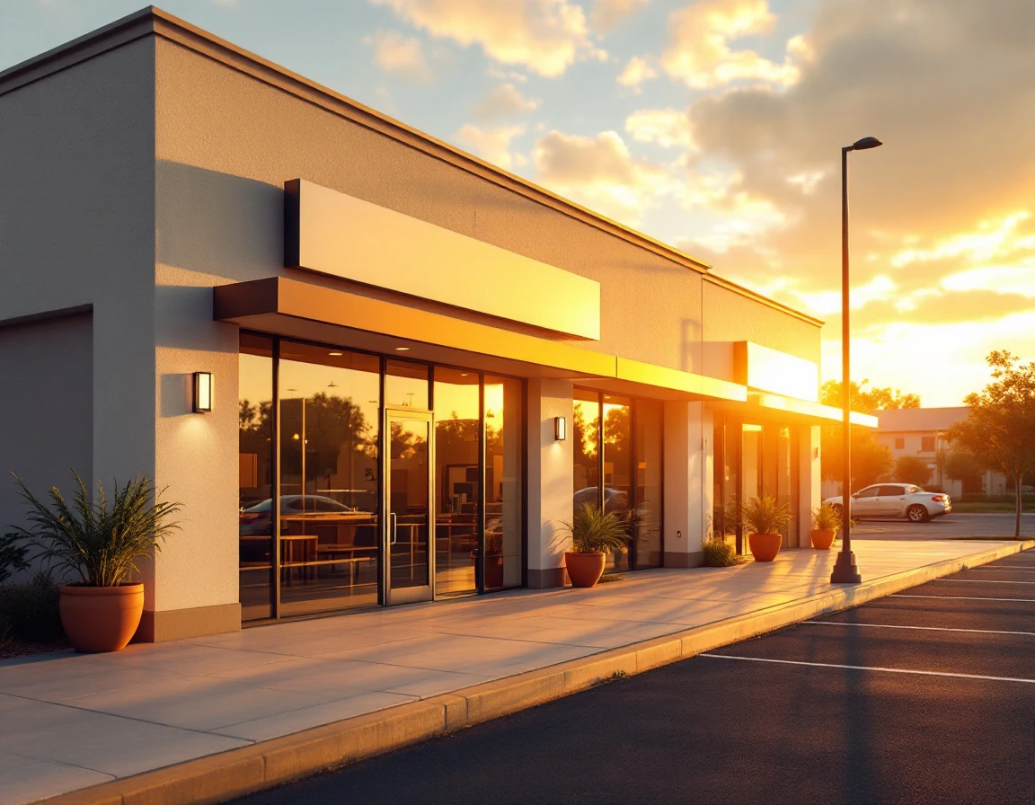 Independent shipping retail store exterior during summer evening with natural architectural lighting