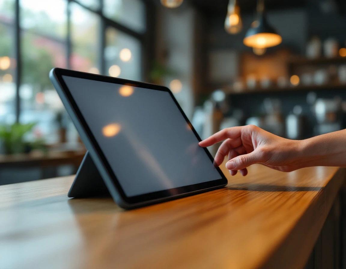 Point-of-sale tablet on coffee shop counter with barista's hand reaching to interact with the touchscreen