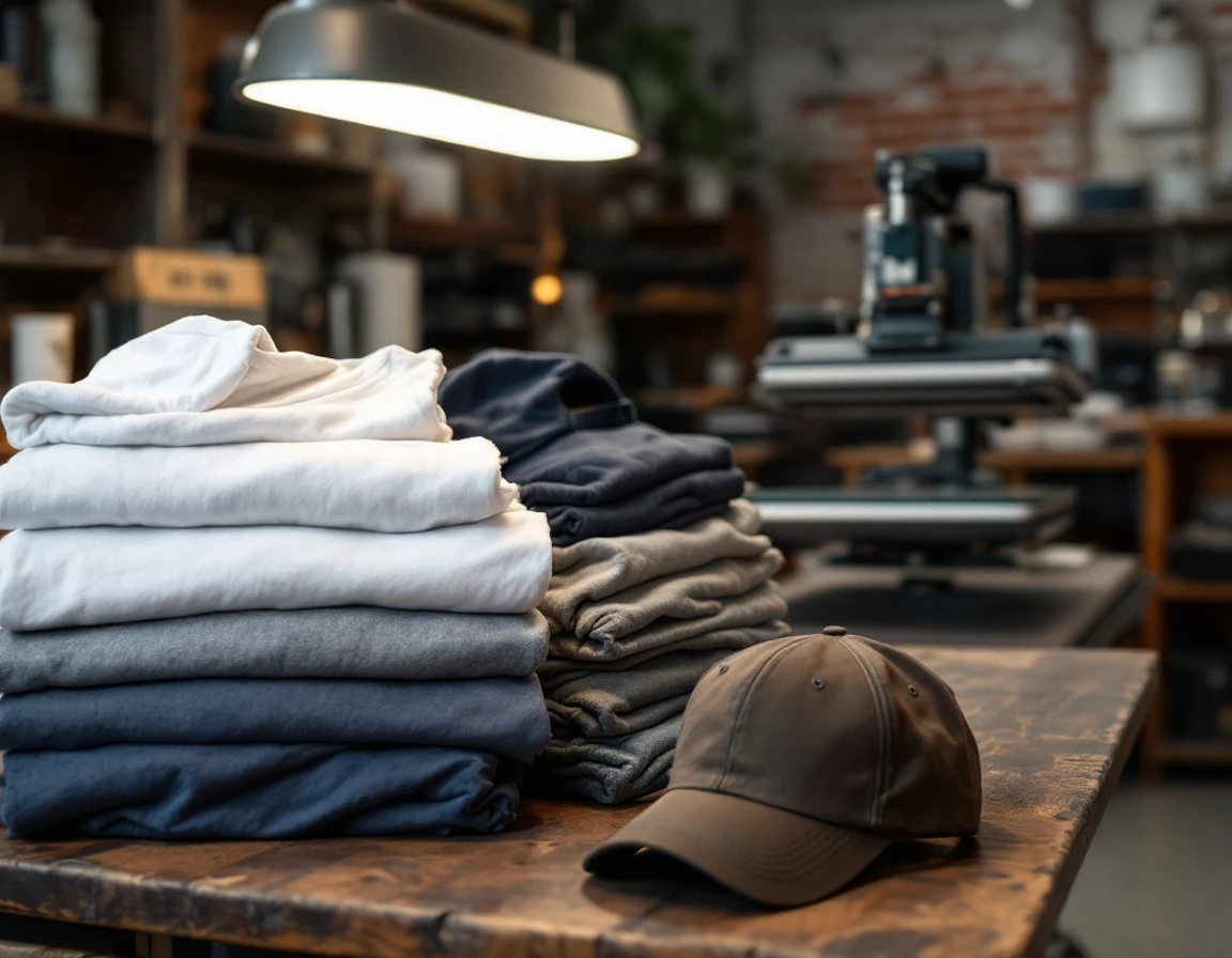Heat press machine and stacked cotton apparel showing realistic fabric textures in professional printing workspace