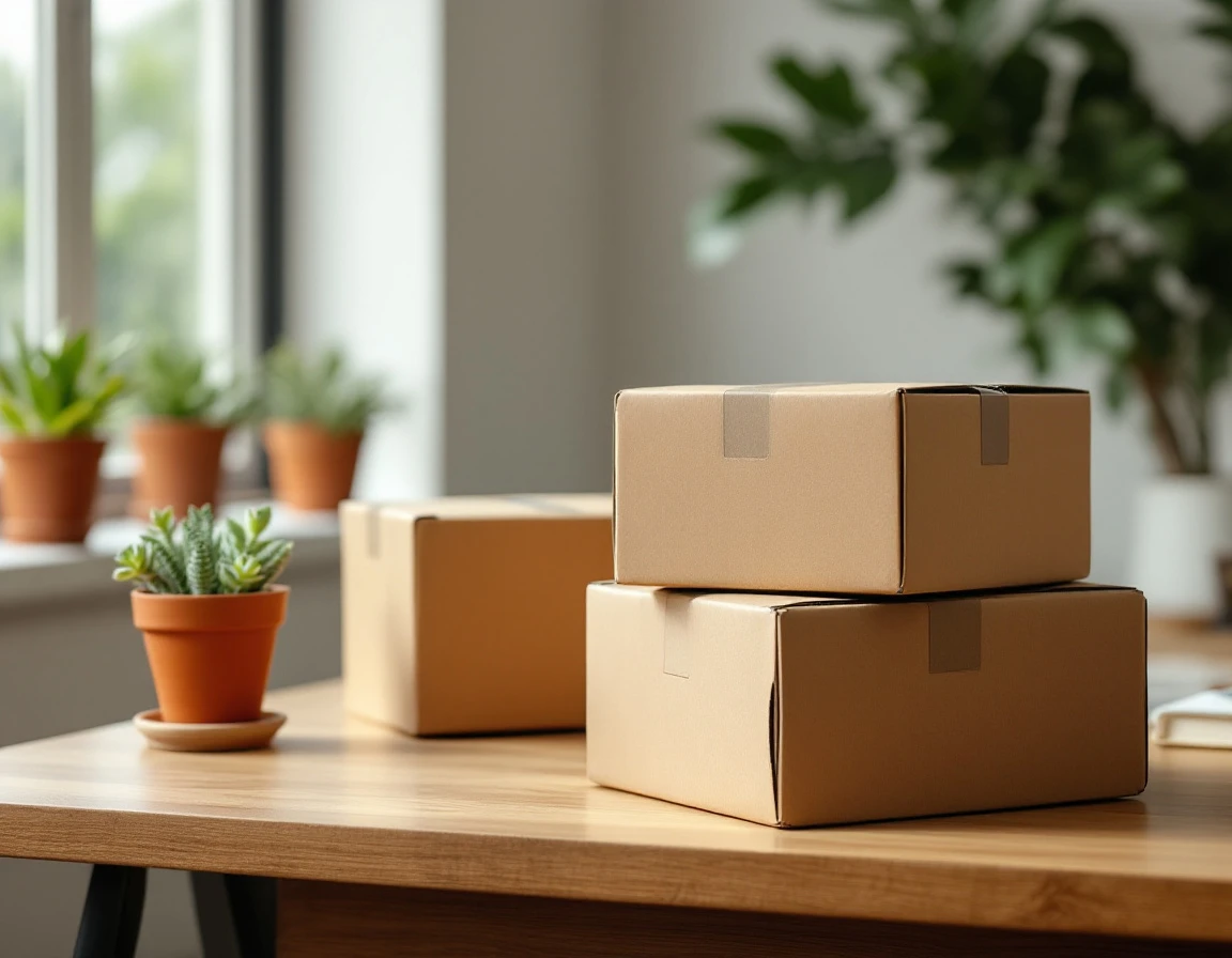 Stacked plain cardboard shipping boxes on wooden desk with natural window lighting in modern logistics workspace