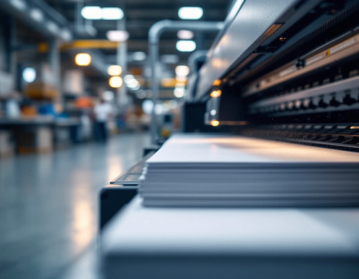 Large-format printer in commercial print shop with stacked paper materials and industrial lighting