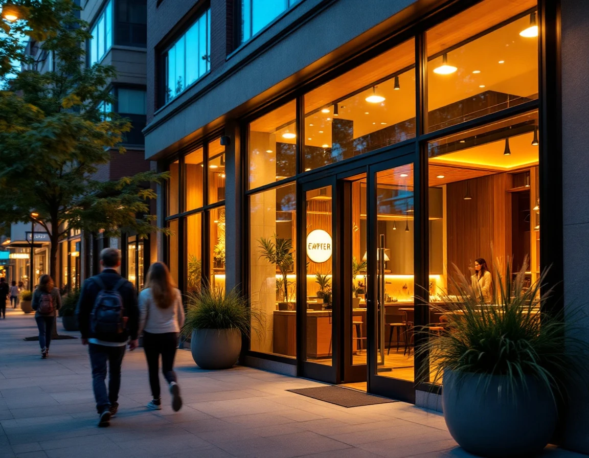 Modern storefront with warm interior lighting at dusk in neighborhood business district