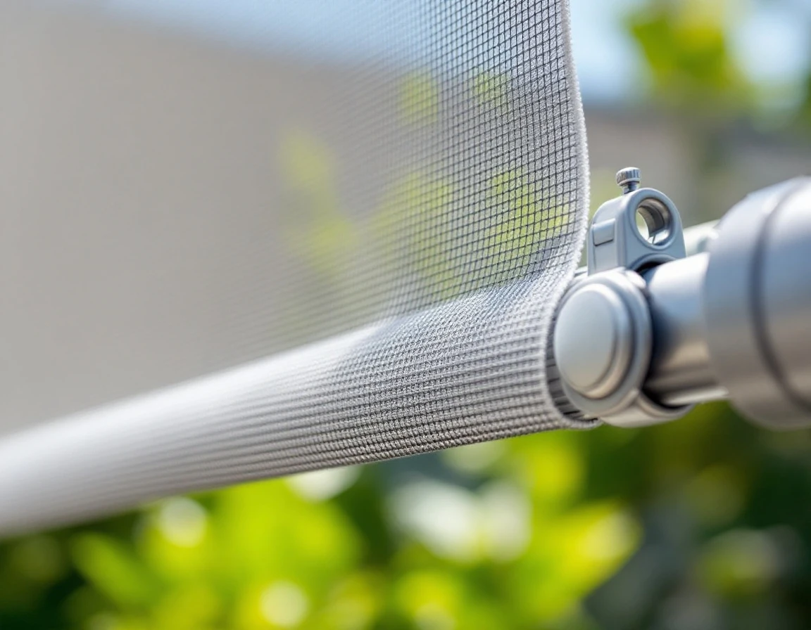 Mesh banner material with grommet hardware on aluminum frame showing wind-permeable construction detail