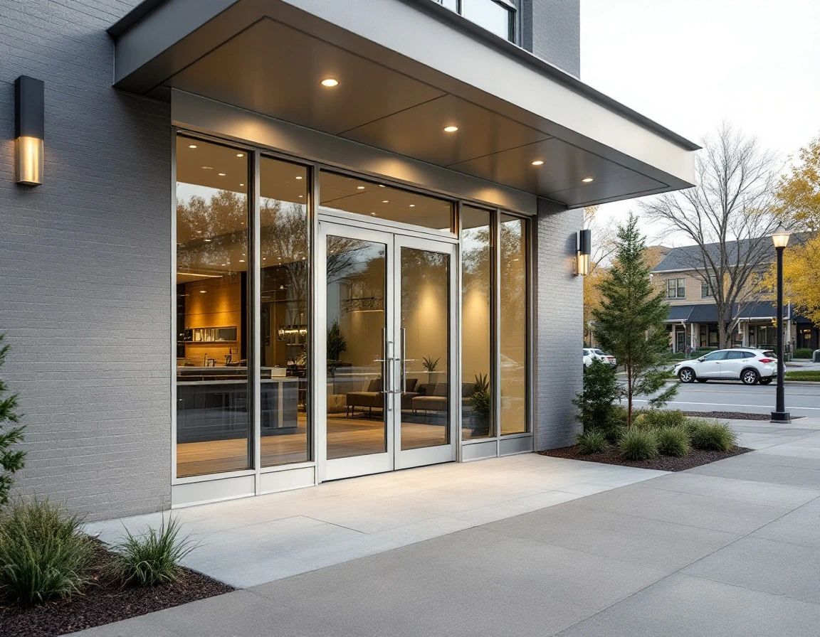 Modern commercial building entrance with glass doors and professional landscaping in business district