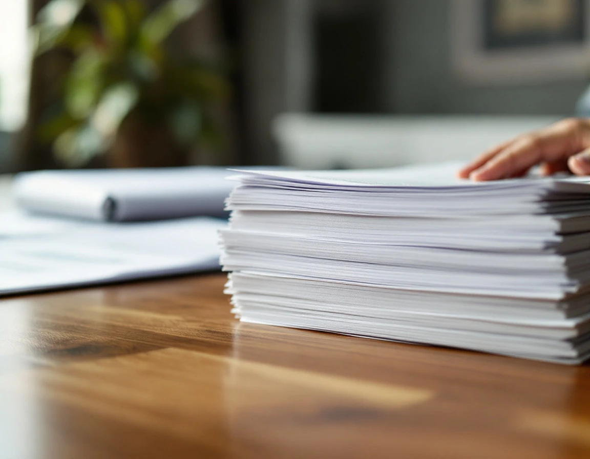Stack of legal documents on wooden desk with hand nearby in professional office setting