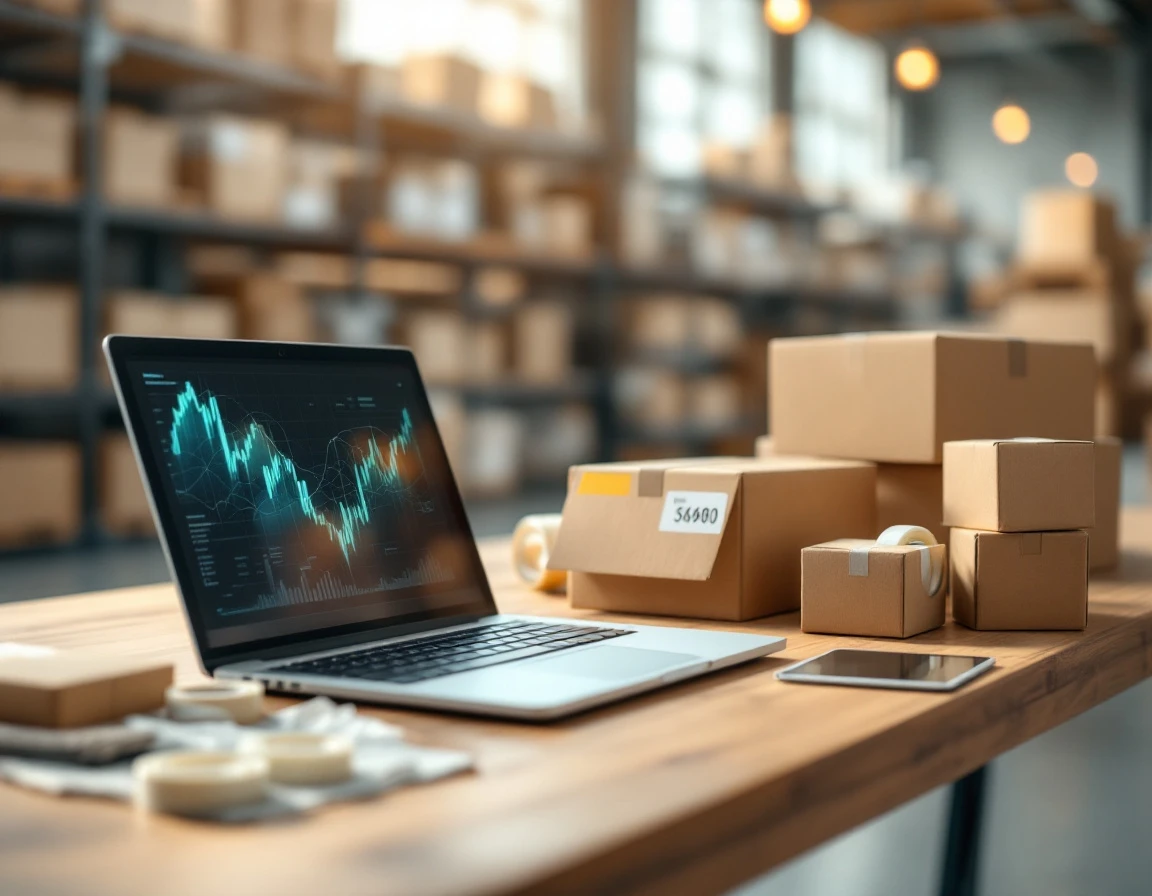 Laptop and shipping supplies on warehouse desk with cardboard boxes and packing materials