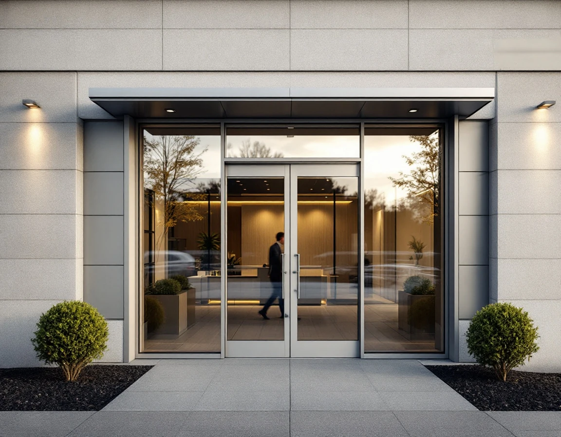 Modern commercial building entrance with glass doors and professional landscaping for business services