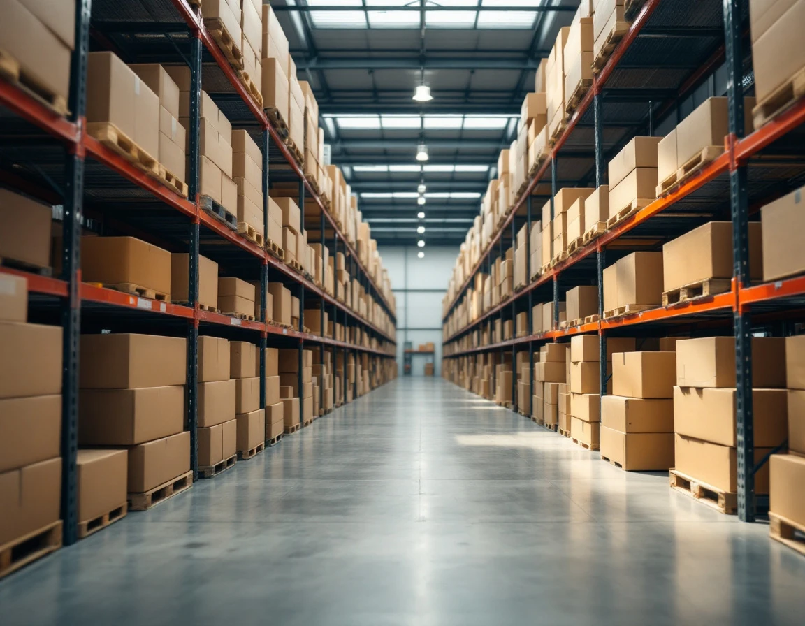 Organized retail stockroom with cardboard boxes arranged on metal shelving units in a clean warehouse space