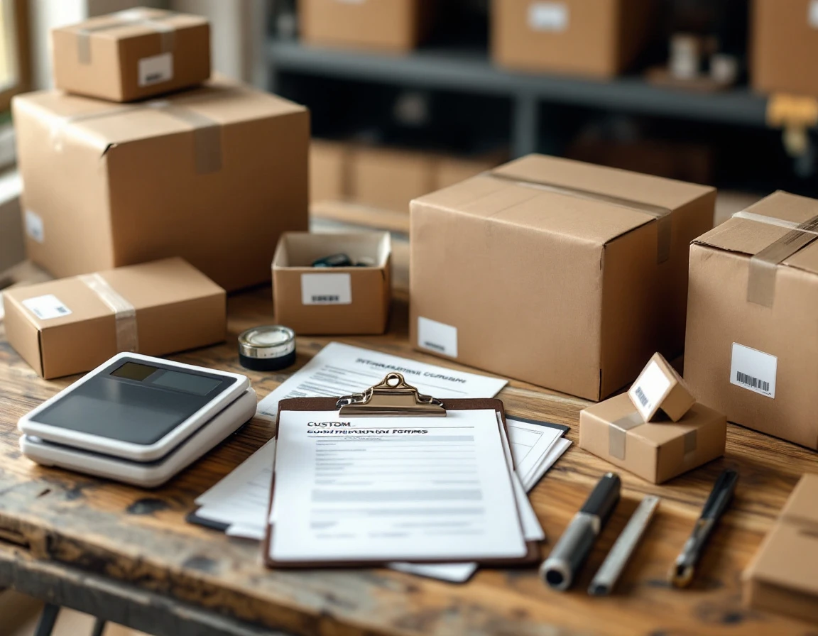Customs forms, shipping boxes, and postal scale arranged on shipping desk for international logistics