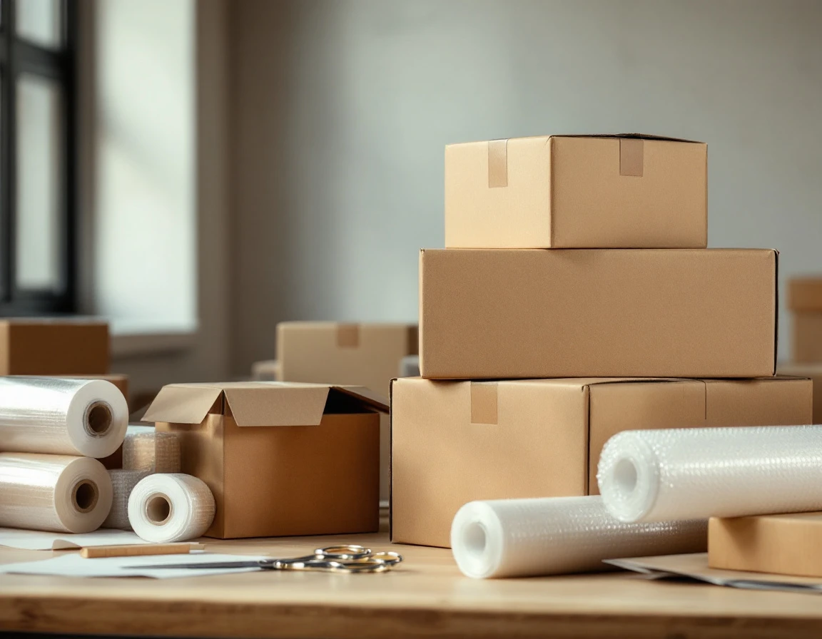 Stacked cardboard shipping boxes with packing materials on warehouse work surface