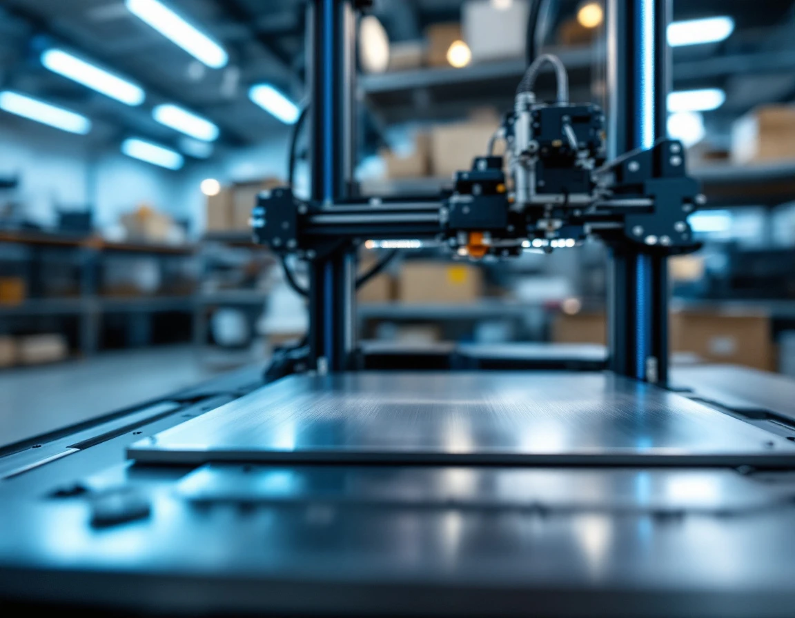 3D printer build plate and precision mechanics in professional printing workshop with material storage