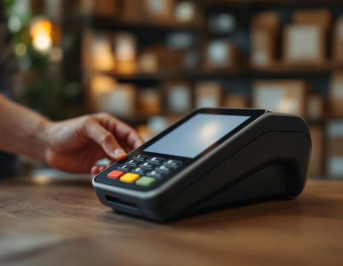 Point-of-sale terminal processing payment on retail counter with shipping supplies in background
