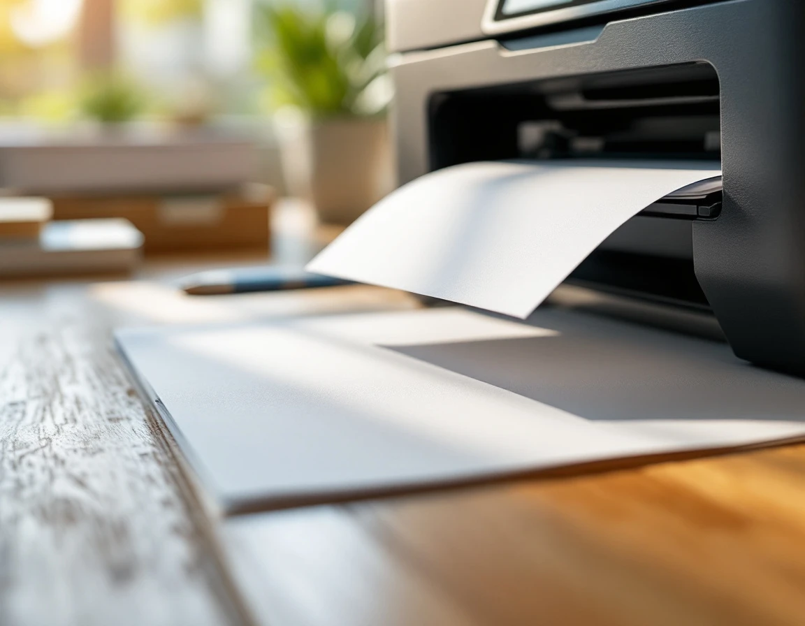 Multifunction printer scanning documents on wooden office desk with natural window lighting