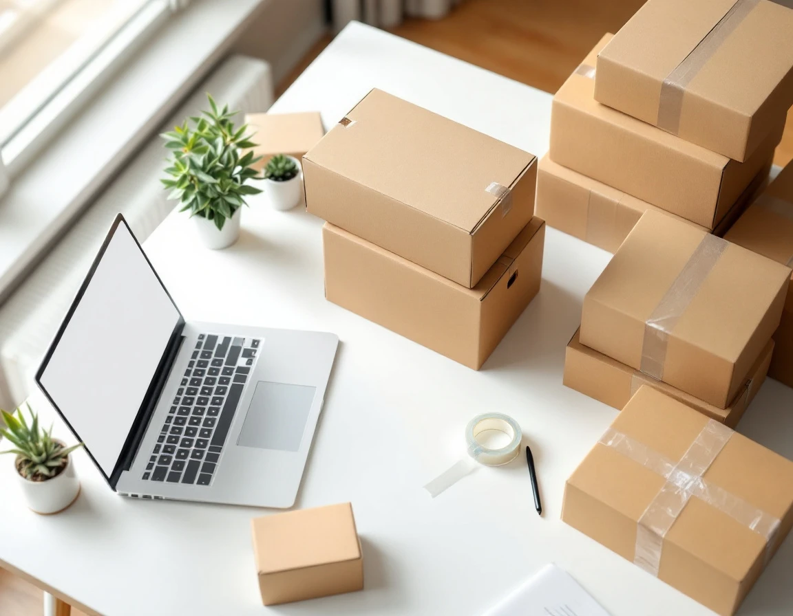 Overhead view of modern workspace with laptop and unmarked shipping boxes on clean desk with natural lighting