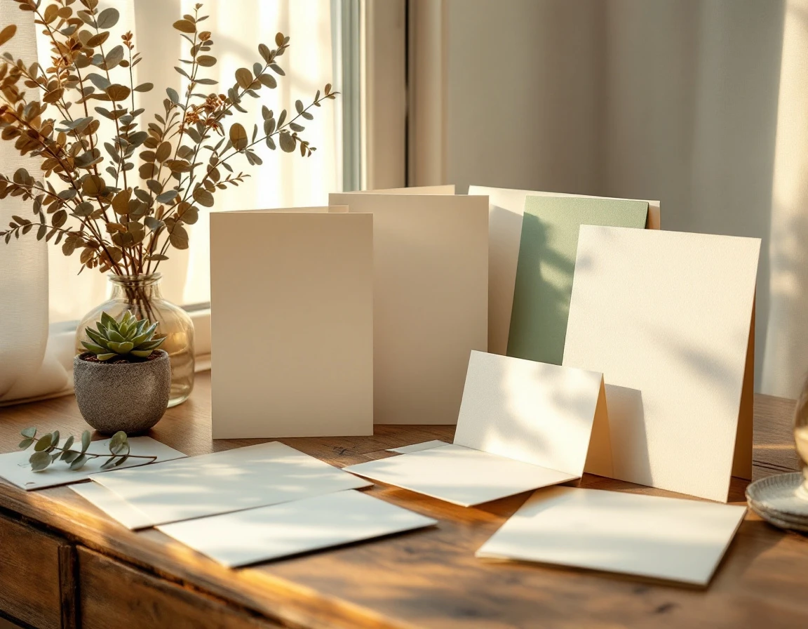 Blank cream and sage wedding invitation samples on wooden desk with natural sunlight and eucalyptus