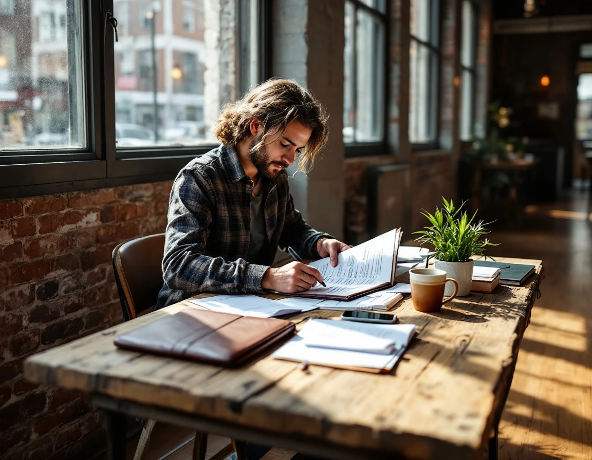 Business owner's desk with preparation materials, portfolio, and coffee in natural morning light