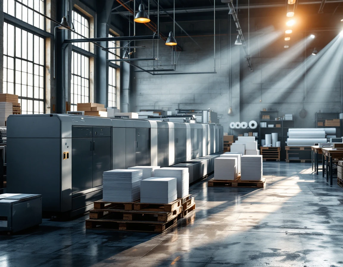 Modern print shop interior with offset printing equipment and organized paper stock under natural warehouse lighting