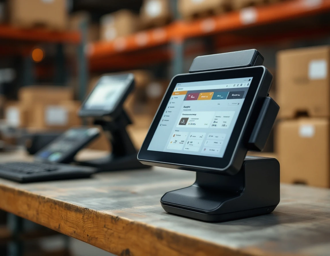 Modern POS terminal on warehouse counter beside shipping scale and packing materials