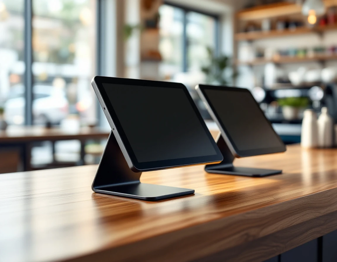 Modern retail point-of-sale workspace with tablet and card reader on wood counter in natural light