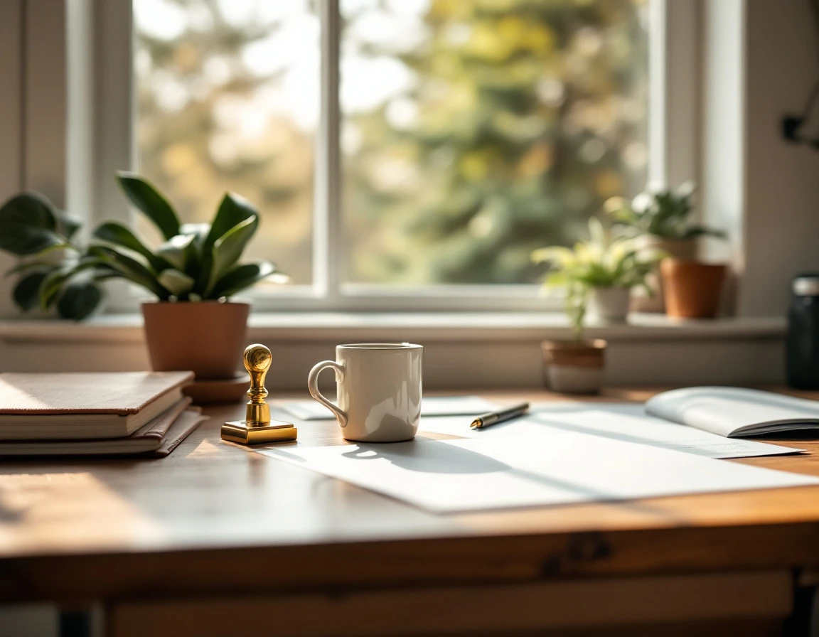 Home office workspace with notary seal, coffee, and natural lighting for remote online notarization services