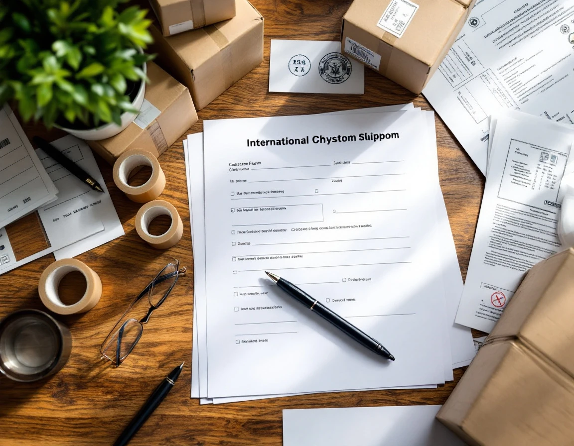 Customs declaration forms and international shipping documentation arranged on desk with packages and supplies