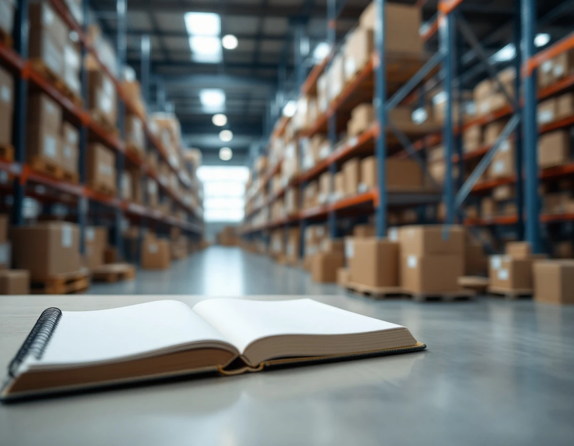 Organized warehouse shelving with shipping boxes and desk workspace in retail distribution center