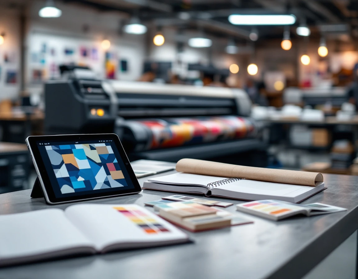 Print shop color management tools and large format printer preparing trade show booth graphics