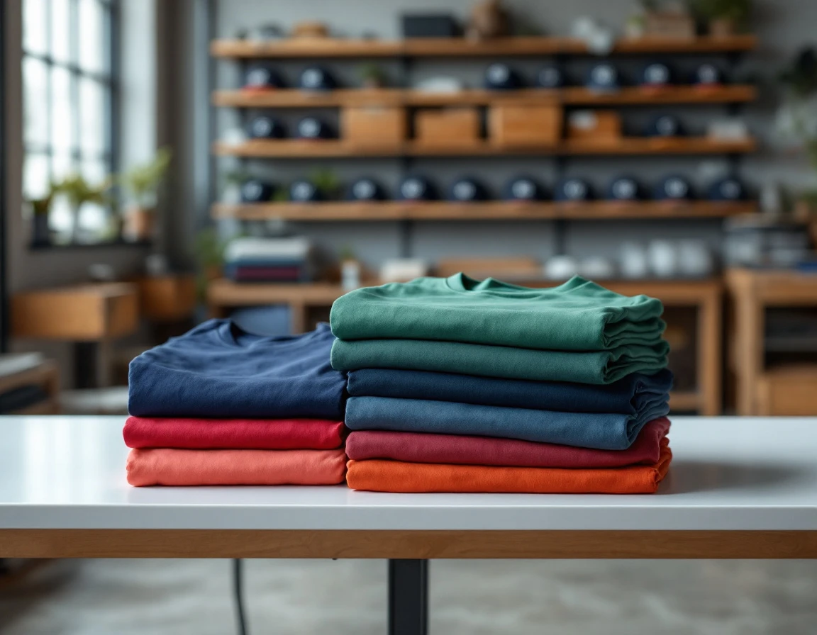 Stacked custom printed t-shirts and embroidered caps in a professional print shop workspace