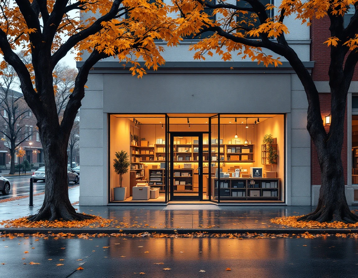 Modern shipping retail storefront on wet urban street with fall trees overhead and warm interior lighting