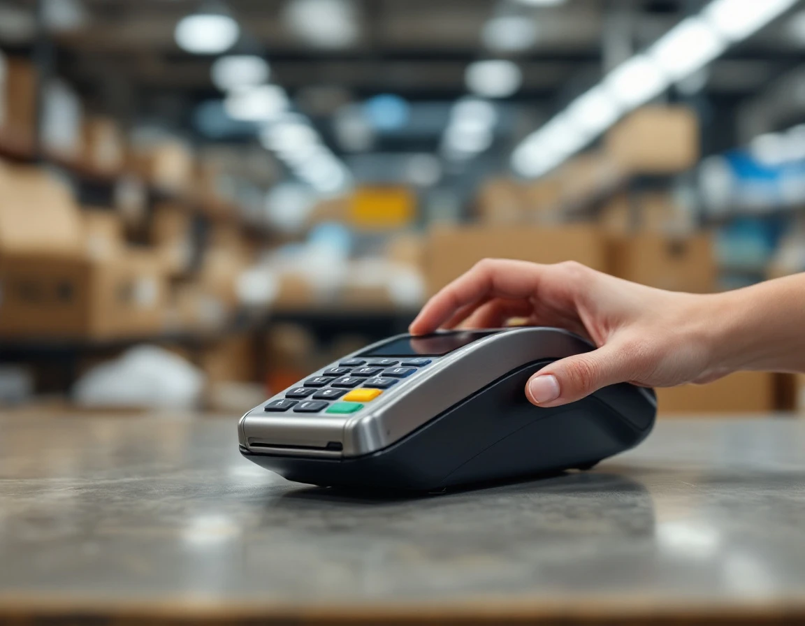 Payment terminal on retail counter with hand reaching to process transaction in pack-and-ship store setting